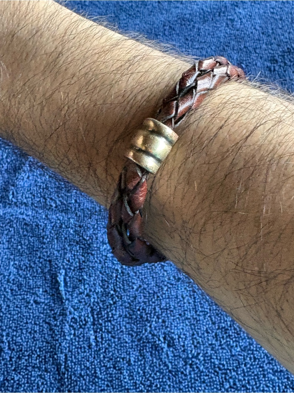 Ralph Lauren monogrammed braided leather brass bracelet. Brown.